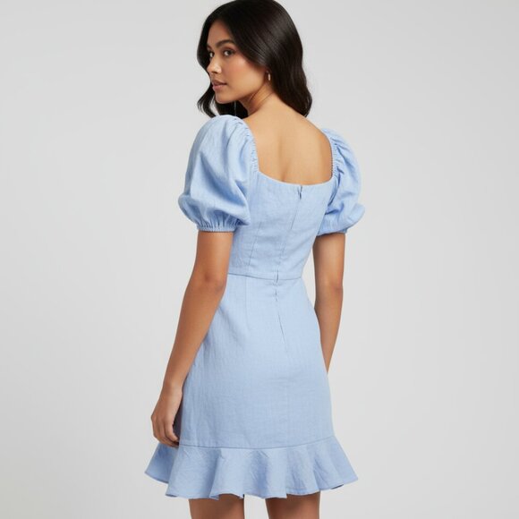 Trixxi Blue Puff Sleeve Mini Dress With Tie Waist & Ruffle Hem S - Picture 2 of 5